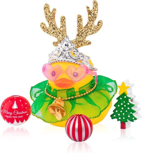 wonuu Christmas Rubber Duck Car Decorations Christmas Accessories Antler Santa Hat Skirt and Wind Bell, Silver-Star Dress in Saudi Arabia