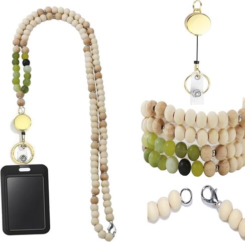 Wooden Bead Lanyard Wooden Lanyard Set Retractable Wooden Bead Badge Lanyard Stylish Retractable Wooden Lanyard Natural Wooden Bead Beading Lanyard for Ladies ID Card and Keys in Saudi Arabia