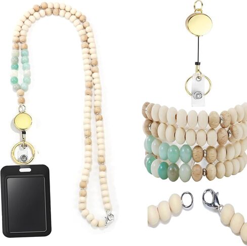 Wooden Bead Lanyard Wooden Lanyard Set Retractable Wooden Bead Badge Lanyard Stylish Retractable Wooden Lanyard Natural Wooden Bead Beading Lanyard for Ladies ID Card and Keys in Saudi Arabia