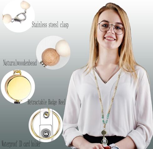 Wooden Bead Lanyard Wooden Lanyard Set Retractable Wooden Bead Badge Lanyard Stylish Retractable Wooden Lanyard Natural Wooden Bead Beading Lanyard for Ladies ID Card and Keys in Saudi Arabia