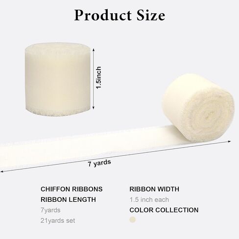 شريط شيفون أبيض كريمي 3 لفات 1.5 بوصة × 7 ياردة شريط حافة متوتر مصنوع يدويًا شريط حرير شيفون للحرف اليدوية وتغليف باقات الزهور وتزيين دعوات الزفاف in Kuwait