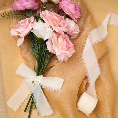 شريط شيفون أبيض كريمي 3 لفات 1.5 بوصة × 7 ياردة شريط حافة متوتر مصنوع يدويًا شريط حرير شيفون للحرف اليدوية وتغليف باقات الزهور وتزيين دعوات الزفاف in Kuwait