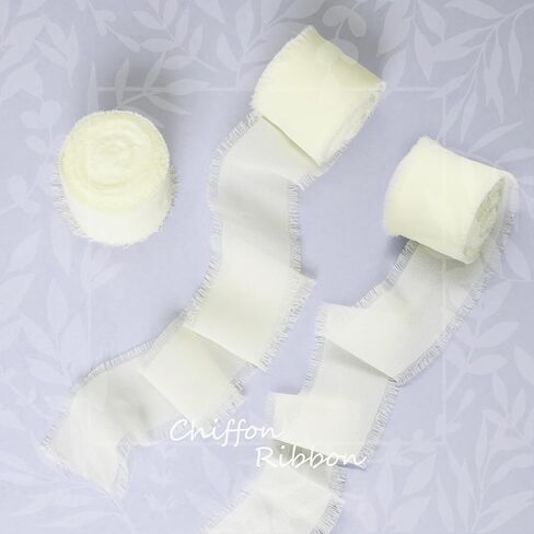 شريط شيفون أبيض كريمي 3 لفات 1.5 بوصة × 7 ياردة شريط حافة متوتر مصنوع يدويًا شريط حرير شيفون للحرف اليدوية وتغليف باقات الزهور وتزيين دعوات الزفاف in Kuwait