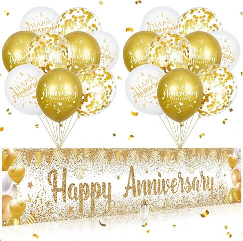 Happy Anniversary Decorations Banner White Gold Happy Anniversary Yard Banner Sign with 18pcs Happy Anniversary Balloons Confetti Set for Men Women Wedding Anniversary Decorations Party Supplies Decor in Kuwait