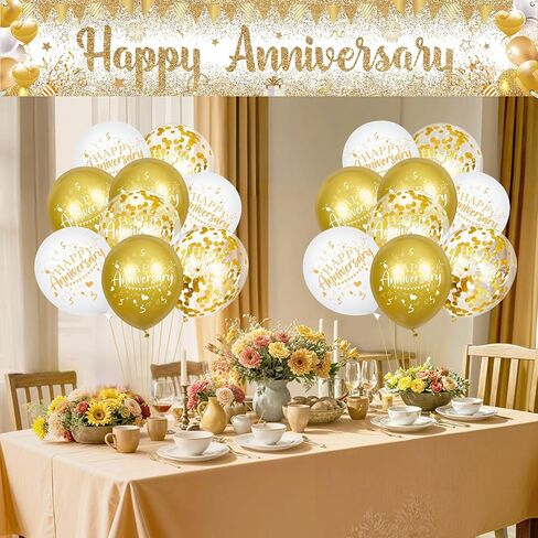 Happy Anniversary Decorations Banner White Gold Happy Anniversary Yard Banner Sign with 18pcs Happy Anniversary Balloons Confetti Set for Men Women Wedding Anniversary Decorations Party Supplies Decor in Kuwait
