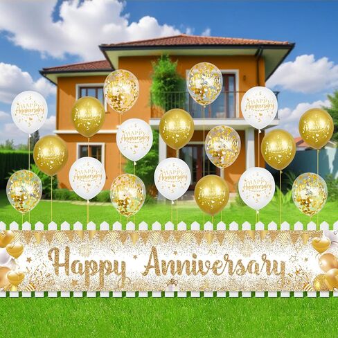 Happy Anniversary Decorations Banner White Gold Happy Anniversary Yard Banner Sign with 18pcs Happy Anniversary Balloons Confetti Set for Men Women Wedding Anniversary Decorations Party Supplies Decor in Kuwait