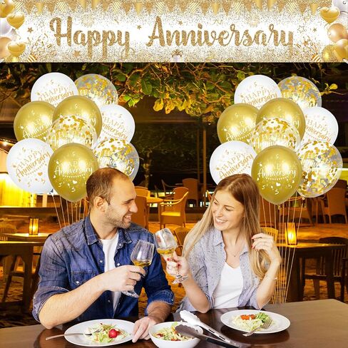 Happy Anniversary Decorations Banner White Gold Happy Anniversary Yard Banner Sign with 18pcs Happy Anniversary Balloons Confetti Set for Men Women Wedding Anniversary Decorations Party Supplies Decor in Kuwait