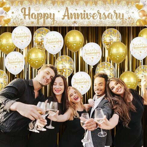 Happy Anniversary Decorations Banner White Gold Happy Anniversary Yard Banner Sign with 18pcs Happy Anniversary Balloons Confetti Set for Men Women Wedding Anniversary Decorations Party Supplies Decor in Kuwait