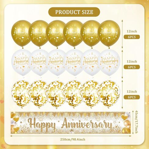 Happy Anniversary Decorations Banner White Gold Happy Anniversary Yard Banner Sign with 18pcs Happy Anniversary Balloons Confetti Set for Men Women Wedding Anniversary Decorations Party Supplies Decor in Kuwait