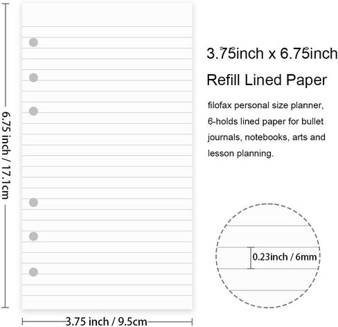 200 Sheets A6 Lined Paper for Filofax Personal Binder Planner, White 100gsm Ruled Pages, 6 Hole Punched, 3.75 x 6.75 Inch in Kuwait