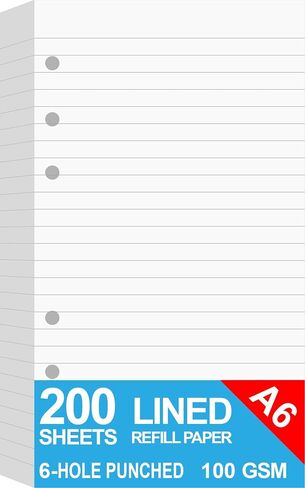 200 Sheets A6 Lined Paper for Filofax Personal Binder Planner, White 100gsm Ruled Pages, 6 Hole Punched, 3.75 x 6.75 Inch in Kuwait