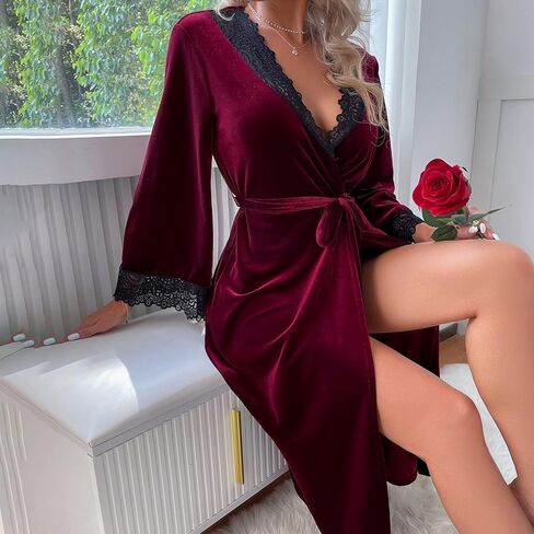 Rubruan Women's Long Velvet Lace Robe Robes For Women Soft Warm Bathrobe with Loose Sleepwear Nightgown Comfort in Kuwait