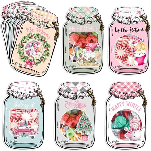 AZEEBOI 48 Pack Christmas Treat Bags - Small Christmas Gift Bags DIY Mason Jar Cards, Pink Christmas Party Decorations Candy Bags Favors for School Classroom Kids in Saudi Arabia