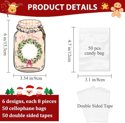 AZEEBOI 48 Pack Christmas Treat Bags - Small Christmas Gift Bags DIY Mason Jar Cards, Pink Christmas Party Decorations Candy Bags Favors for School Classroom Kids in Saudi Arabia