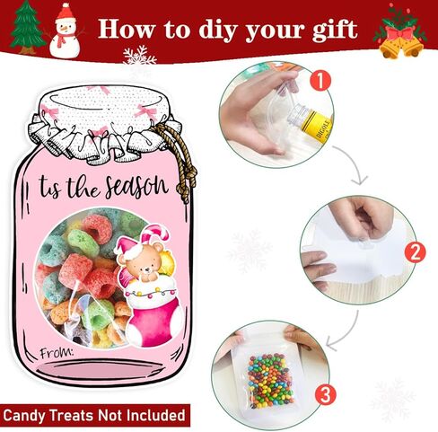 AZEEBOI 48 Pack Christmas Treat Bags - Small Christmas Gift Bags DIY Mason Jar Cards, Pink Christmas Party Decorations Candy Bags Favors for School Classroom Kids in Saudi Arabia