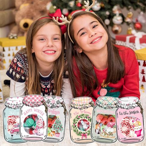 AZEEBOI 48 Pack Christmas Treat Bags - Small Christmas Gift Bags DIY Mason Jar Cards, Pink Christmas Party Decorations Candy Bags Favors for School Classroom Kids in Saudi Arabia