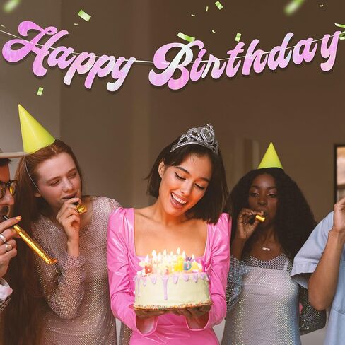 HOUSE OF PARTY Pre-Strung Happy Birthday Banner-No DIY | 6 Feet Pink Shiny Iridescent Happy Birthday Letters Banner Sign, Birthday Hanging Garland Decorations Party Supplies for Girls Women in Saudi Arabia