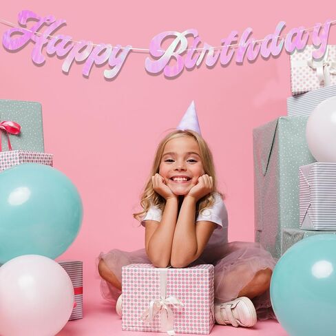 HOUSE OF PARTY Pre-Strung Happy Birthday Banner-No DIY | 6 Feet Pink Shiny Iridescent Happy Birthday Letters Banner Sign, Birthday Hanging Garland Decorations Party Supplies for Girls Women in Saudi Arabia