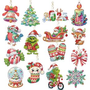 15 Pieces Diamond Art Kits for Adults Christmas Key chains Set Art Ornaments DIY 5d Painting Round Drill Diamond Dots Gem Art for Aesthetic Room Decor Crystal Rhinestone Arts Craft(Double-Sided)