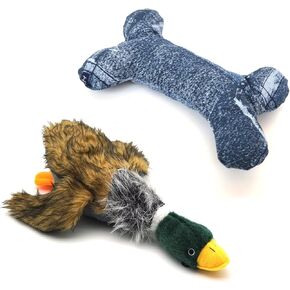 JKW Plush Mallard Duck Dog Toy and Squeaky Bone Dog Toy, Plush Dog Chew Toy for Small Medium Dogs, 8-Inch （2 Pack）