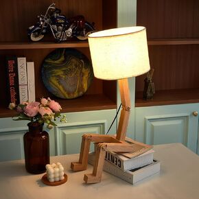Robot Cute Desk Lamp Novelty Wooden Creative Table Lamp with Wood Base Adjustable Shape Bedside Fun Funky Lamp Reading Wood Lamp DIY Fun Robot Lamp for Bedroom, Office, Study Desk, Kids Room