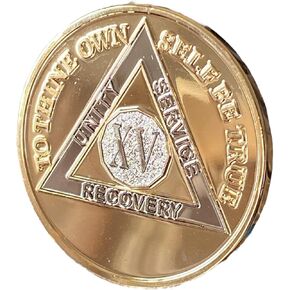 15 Year AA Medallion 22K Bi-Plate Gold Plated Premium Serenity Prayer Sobriety Chip