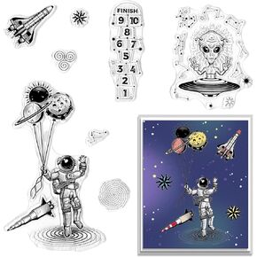 Alien UFO Clear Stamp for Card Making Constellation Astronaut Rubber Stamp Fantasy Transparent Silicone Seals for Decoupage Junk Journals Gift Card DIY Scrapbooking Album Paper Craft Supplies