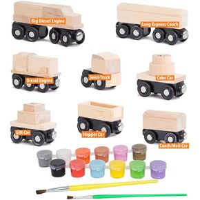 Orbrium 8 Unpainted Train Cars with 12 Colors Paint and Paint Brushes Set for Wooden Railway Compatible with Thomas, Chuggington, Brio, for Birthday Party Train Theme