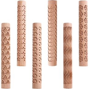 Clay Rollers Textured, Wooden Hand Rollers Clay Modeling Pattern Rollers Kit Foliage Barks Ripples Stars Pebbles Snowflake Ceramic DIY Tools Pottery Stamp Roller for Pasta (Set 1)