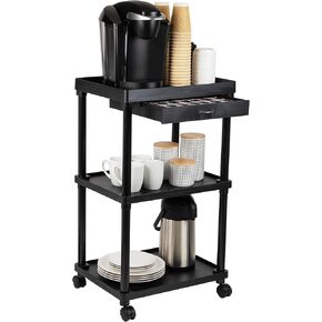 Mind Reader Bar Cart, Rolling, Utility Cart, 3-Tier, Coffee Cart, Bathroom, Kitchen, Plastic, 20"L x 15"W x 34.5"H, Black