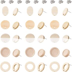 FASHEWELRY 30pcs Flat Round Wood Earring Studs for Jewelry Making Earrings Posts with Hole Mixed Wooden Earring Findings for Women Dangle Earring Jewelry Making