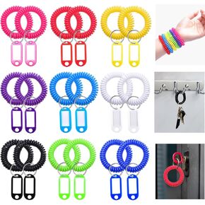 18 Pcs Assorted Color Wrist Spring Spiral Coil Keychains with 18 Pcs Key Tags, Stretchable Plastic Key Wristlet for ID Badge Gym Pool Sauna Outdoor Activities
