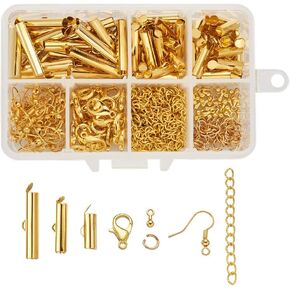 Pandahall 640Pcs 4 Color Brass Slide On End Clasp Tubes & Iron Twist Extender Chains & Open Jump Rings & Alloy Lobster Claw Clasps Connectors for DIY Bracelet Necklace Jewelry Making