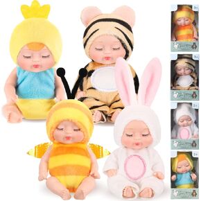 Hanaive 4 Pcs 4 Inch Mini Baby Dolls Lifelike Realistic Baby Dolls Animal Clothes Cute Tiny Babies Gifts for Kids Birthday Baby Shower (Cute Style)