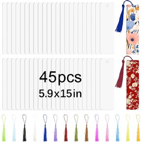 45 Pcs Sublimation Bookmarks，5.9"X1.5" X0.65mm Sublimation Bookmark Blank Aluminum Metal Bookmarks Bulk DIY Bookmarks with Hole and Colorful Tassels for Crafts Reading School Office Supplies