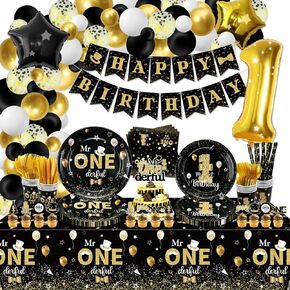 227 PCS Mr Onederful Birthday Decorations - Black Gold Birthday Plates, Napkins, Cups, Balloons, Birthday Banner, Cake Topper and Tablecloth for Baby Shower 1st Birthday Boy Decorations, Serve 20