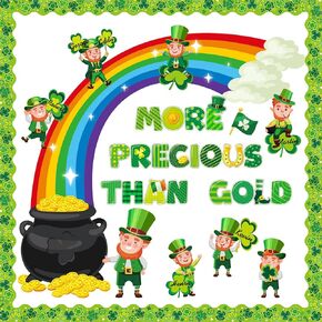 Pasimy 64 Pcs St. Patrick's Day Bulletin Board Decoration St. Patrick's Day Bulletin Board Cutout Lucky Shamrock Bulletin Board Border for Irish Clover Classroom Chalkboard Decor (Gnome)