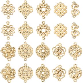 PH PandaHall 40Pcs Baroque Style Filigree Hollow Alloy Connector Charms Flat Round Sunflower Chinese Knot Lotus Metal Pendant Links Light Gold for DIY Necklace Bracelet Jewelry Making Findings