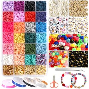 KAMJUNTAR 6000PCS Clay Beads for Bracelets Making Kit,24 Colors Flat Heishi Polymer Clay Beads for Jewelry Making with Letter Beads Smiley Face Beads Gift for Kids Girls DIY Necklace Bracelet