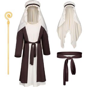 Kids Biblical Saint Joseph Costume Jesus Robe Fancy Dress Sherherd Costume Staffs Headwrap Hat Waist Rope Set