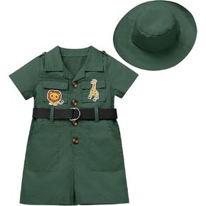 AWIBMK Boys Girls Lion Giraffe Birthday Outfit One Piece Romper Jumpsuit With Belt and Hat Safari Cake Smash Clothes