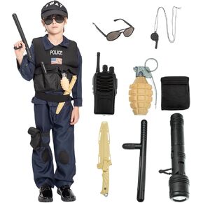 Kids SWAT Police Officer Costume with Toys Accessories Boys Unisex Role Play Kit Halloween Cop Dress Up