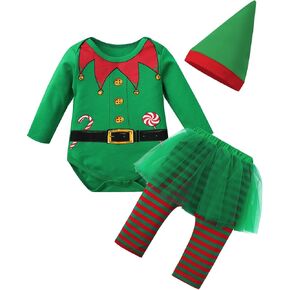 COSLAND Baby Girls' 3pc Christmas Outfit Bodysuit & Pants & Hat, Newborn-12 Months