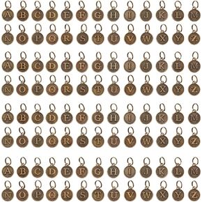 PH PandaHall 104pcs/4 Sets A~Z Alphabet Pendants, Metal Letter Charms 12mm Flat Round Letter Pendants Vintage Initial Pendant with Split Rings for Bracelet Keychain Jewlery Making, Antique Bronze