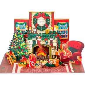 Christmas Fireplace Pop Up Card, Cat and Dog, Christmas Tree, Wreath, Garland, Gifts, Stockings, Cozy 3D Greeting Card, Ideal Gift for Cat and Dog Person, Family, Friends, 5x7