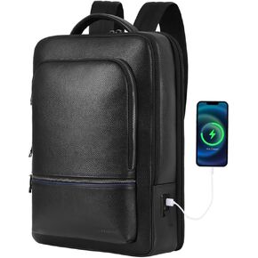 Full Grain Genuine Leather Backpack for Men Multi-Functional 15.6" Laptop Backpack with USB Charging, Black Business Travel Backpack Work Rucksack Daypack