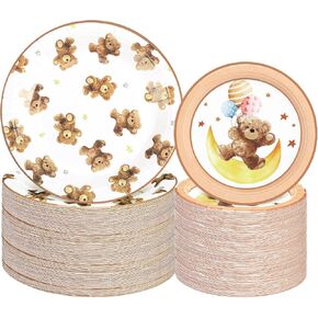 Chinco 100 Pcs Bear Paper Plates 9 Inch and 7 Inch Disposable Bear Paper Plates Sets for Bear Theme Party Baby Shower Wedding Birthday Party Supplies