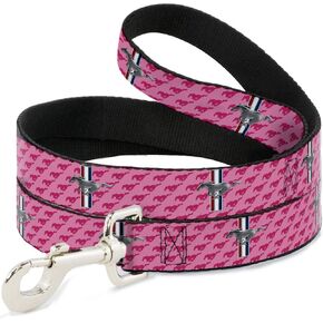 Buckle-Down Pet Leash - Ford Mustang w/Bars w/Text PINK LOGO REPEAT - 4 Feet Long - 1/2" Wide