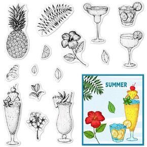 Pineapple Juice Clear Stamps for Card Making Summer Drinks Clear Rubber Stamps Flower Leaves Transparent Rubber Seal Stamps for DIY Photo Scrapbooking Paper Card Album Crafting Supplies