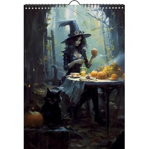 2025 Wall Calendar [12 pages 8"x12"] Spooky Witches with Black Cats Having a Feast Vintage Halloween Book Illustration Poster